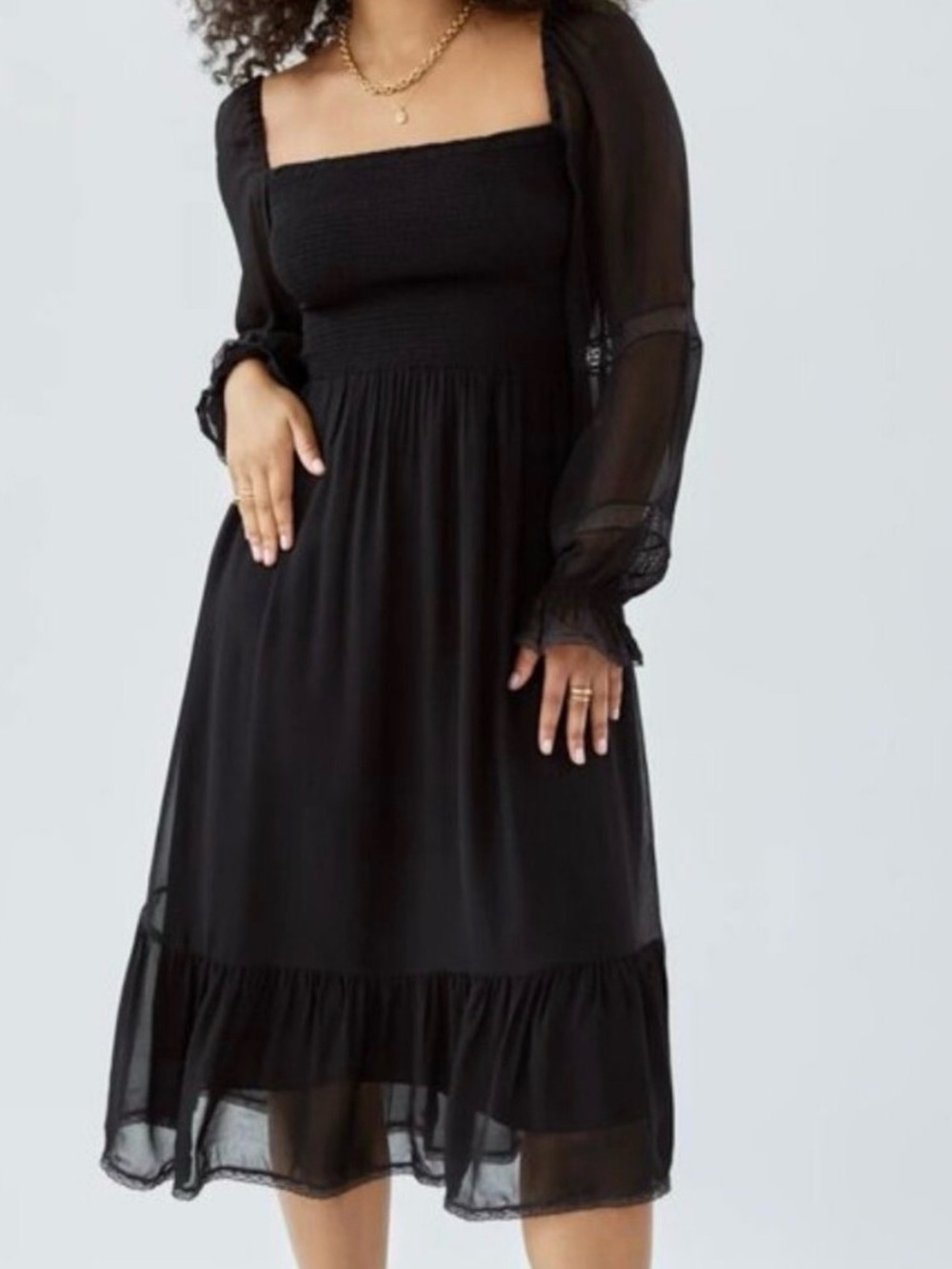Wilfred Aritzia Black Georgette Crepe Lace Trim Smocked Midi Grace Dress Size XS